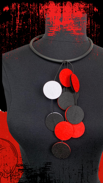 Red Black Felt Disc Necklace